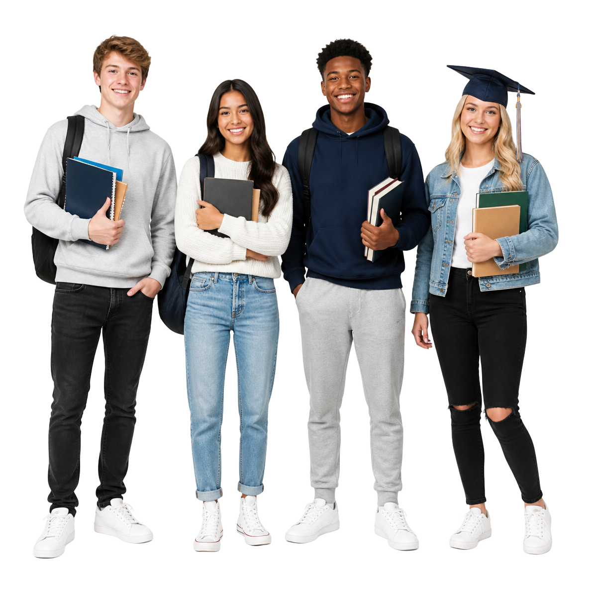 Students of different ages holding books and backpacks